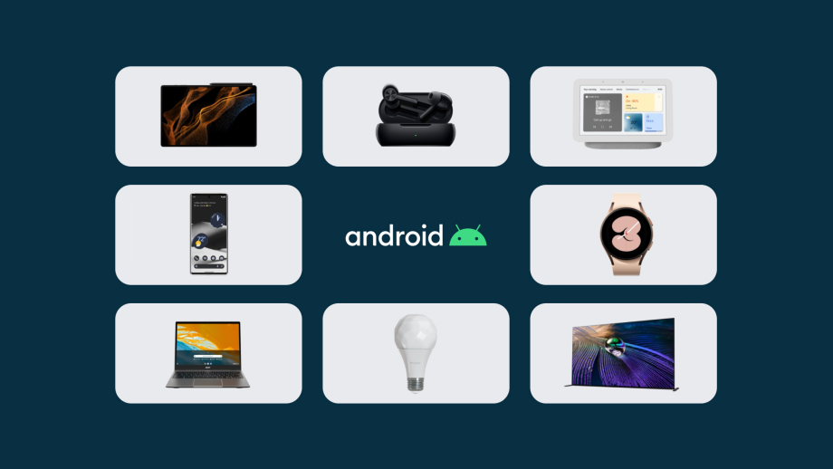 There are three rows of Android devices including a phone, tablet, watch, and more. The Android name and logo is in the middle of the image with a navy background.